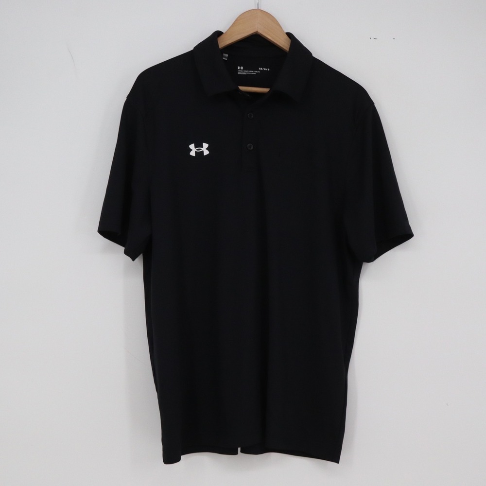 Under Armour Polo Shirt Mens Large Loose Black Short Sleeve Athletic Excellent